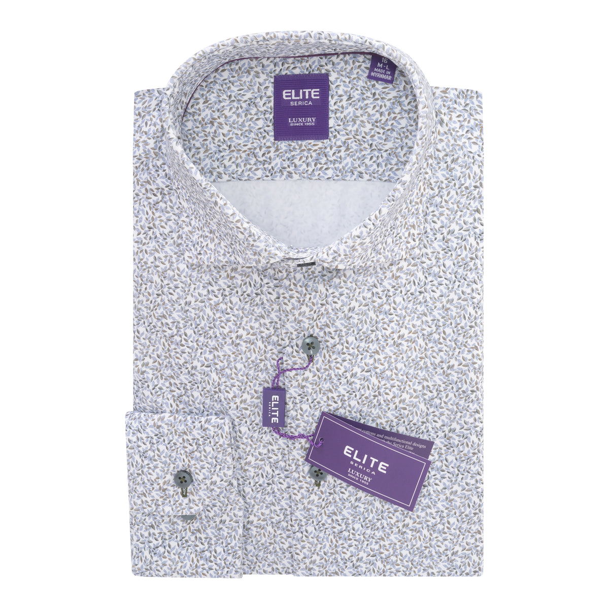 The Elite Foliage Dress Shirt EX2674152 is a men’s long-sleeve button-up shirt with a small floral print, featuring purple Elite brand tags and labels. Designed in a contemporary fit and crafted from 100% cotton, this shirt offers both comfort and style.