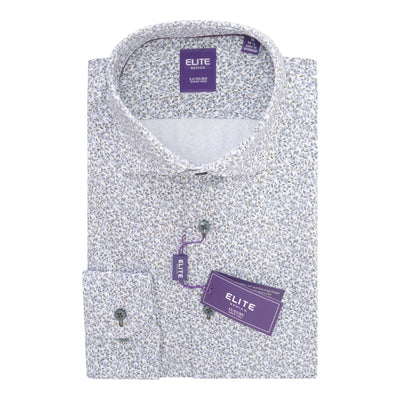 The Elite Foliage Dress Shirt EX2674152 is a men’s long-sleeve button-up shirt with a small floral print, featuring purple Elite brand tags and labels. Designed in a contemporary fit and crafted from 100% cotton, this shirt offers both comfort and style.