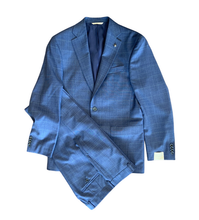 The Jack Victor Napoli Suit 3251467 is a blue plaid modern fit suit with a premium wool jacket and matching dress pants, shown on a white background.