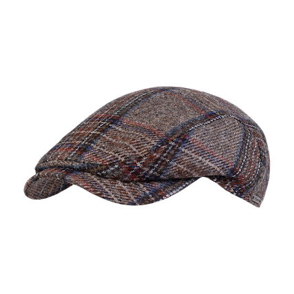The Wigens Ivy Contemporary Cap Beige 101744, a beige plaid Ivy cap crafted from Melton wool and featuring a curved brim, is displayed against a plain white background.