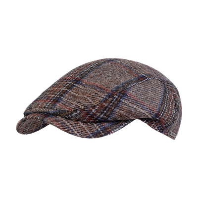 The Wigens Ivy Contemporary Cap Beige 101744, a beige plaid Ivy cap crafted from Melton wool and featuring a curved brim, is displayed against a plain white background.
