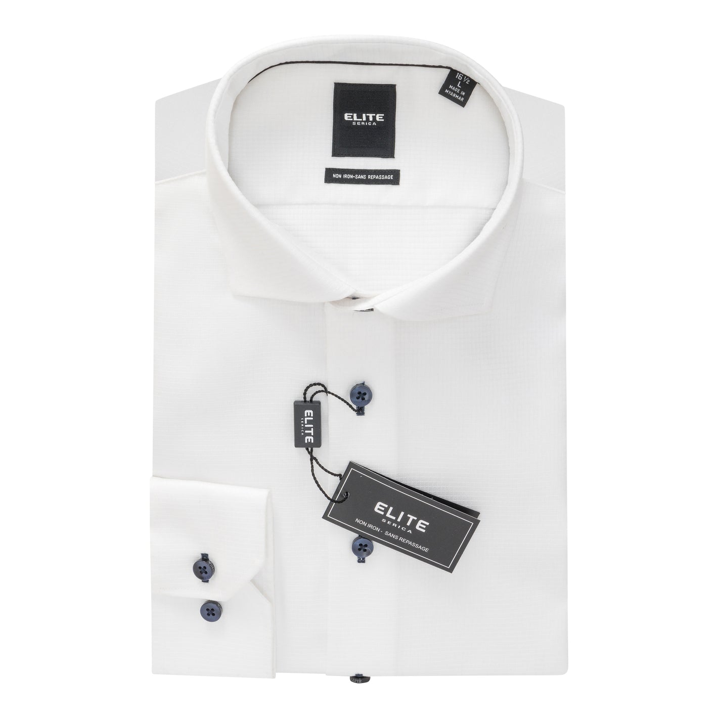 The Elite White Dress Shirt E-2562002 by Elite is 100% cotton, neatly folded with blue buttons and tags attached, displayed against a white background.