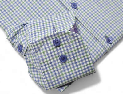 A close-up of the Marcello OP Plum/Green Plaid Sport Shirt DS122 shows its soft cotton cuff, green and blue plaid pattern, and three blue buttons.