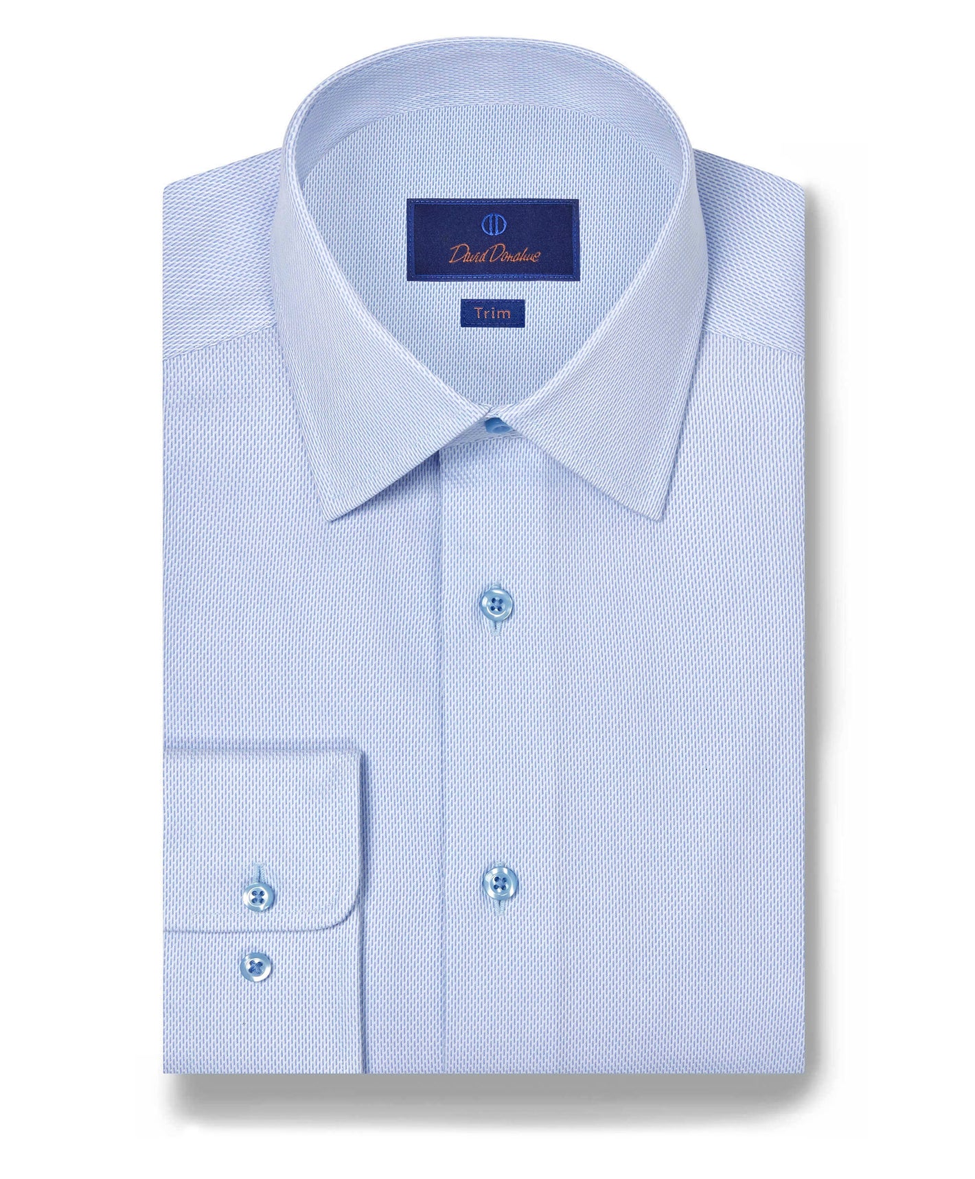The David Donahue Micro Tic Dress Shirt TBSP11011 features a neatly folded blue design with a pointed collar, buttoned front, and visible cuff.