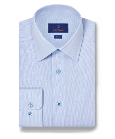 The David Donahue Micro Tic Dress Shirt TBSP11011 features a neatly folded blue design with a pointed collar, buttoned front, and visible cuff.
