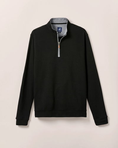 The Johnnie-O Sweater SULLY 1/4 Zip is a black men's cotton-blend pullover with long sleeves, a stand collar, quarter-zip silver zipper, and ribbed cuffs. It’s shown on a plain light background.