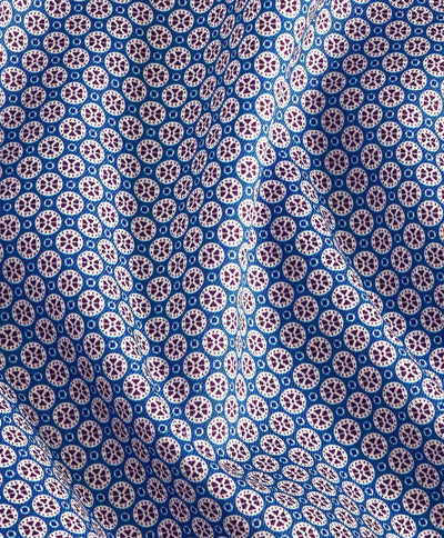 Blue and white fabric with a blue geometric tile pattern plus red and navy accents, shown in gentle folds—ideal for the David Donahue Tile Print Shirt CHBD11208 by David Donahue.