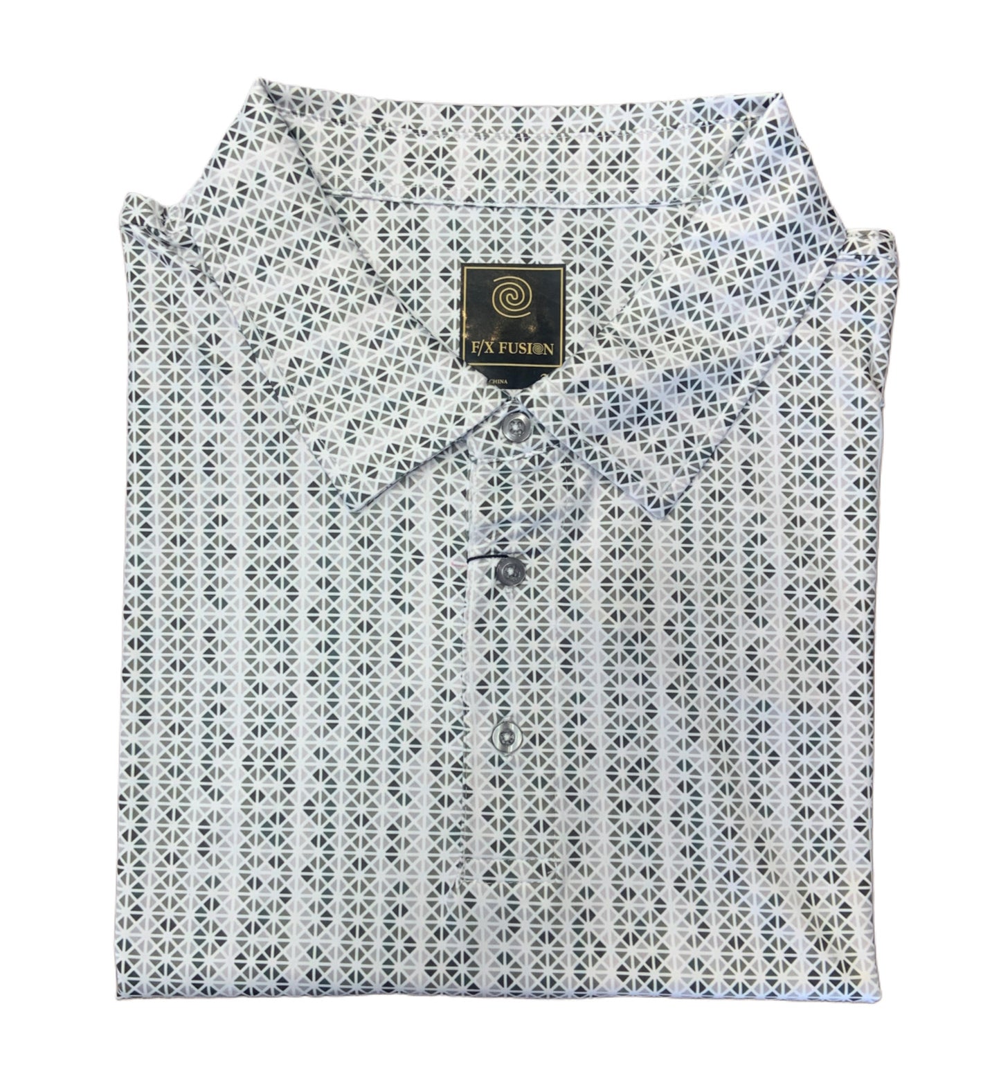 The F/X Fusion Big & Tall Men's Polo Mosaic 2306 is a breathable, short-sleeve button-up with a blue and white geometric pattern and an F/X Fusion label on the collar, designed for polo-inspired comfort.