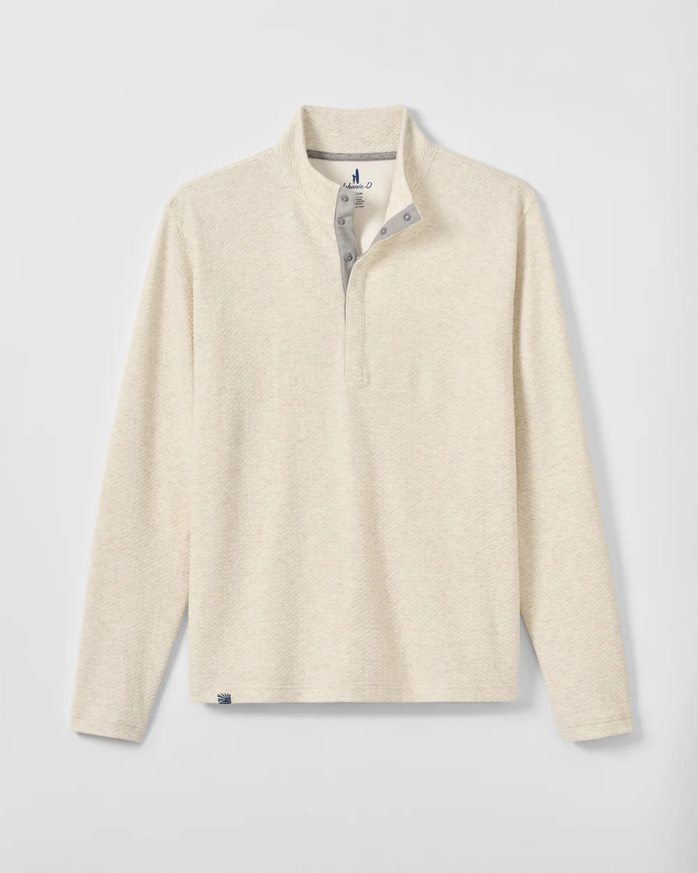 The Johnnie-O Ransel Hidden Snap Pullover Big & Tall, a beige long-sleeve moisture-wicking shirt featuring a stand collar and partial button placket, is displayed flat against a white background.