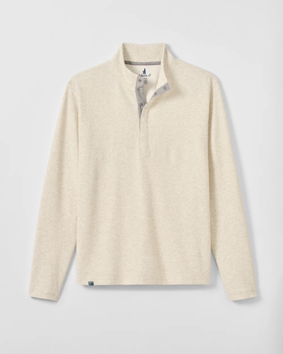 The Johnnie-O Ransel Hidden Snap Pullover Big & Tall, a beige long-sleeve moisture-wicking shirt featuring a stand collar and partial button placket, is displayed flat against a white background.