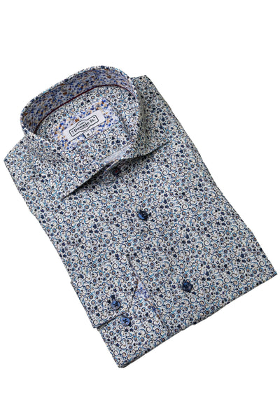 7 Downie St. Multicolored Abstract Sport Shirt Big & Tall 26113 long-sleeved button-up shirt in a white, blue, and brown abstract swirl print.