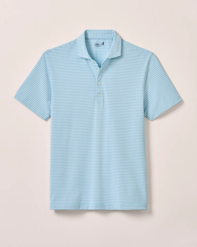 The Johnnie-O Performance Polo - Stetsons is a light blue and white striped short-sleeve jersey polo with collar and three buttons, offering UPF 50 sun protection, shown laid flat on a light background.