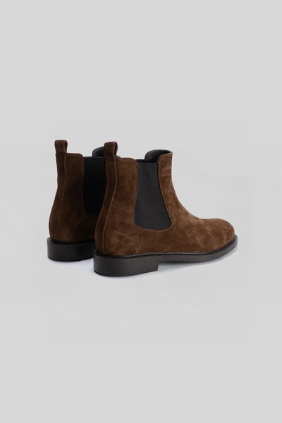 The Robert Barakett Murphey Chelsea Boot by Robert Barakett, shown from the back and side on a light gray background, features brown Italian suede, black elastic side panels, dark soles, and a memory foam-cushioned footbed.