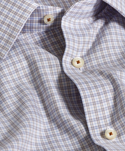 Close-up of a David Donahue Plaid Dress Shirt TBSP11806 in blue and brown plaid with white buttons, showcasing the collar and shirt front.