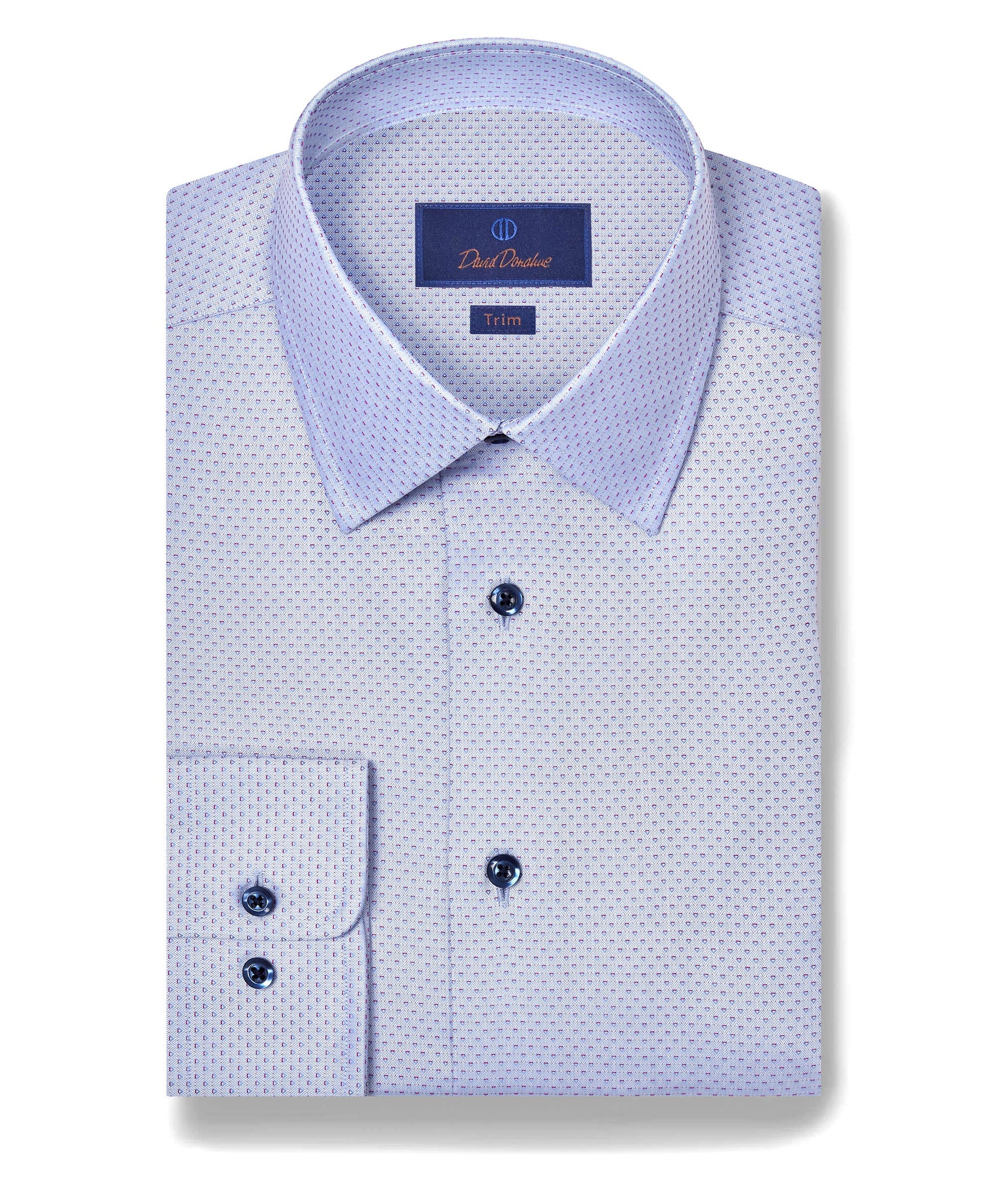A neatly folded David Donahue OP Dobby Dress Shirt TBSP12004465 in light blue with a subtle dotted pattern, navy buttons, and a visible "David Donahue Trim" label inside the collar.