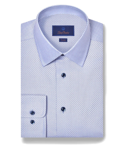 A neatly folded David Donahue OP Dobby Dress Shirt TBSP12004465 in light blue with a subtle dotted pattern, navy buttons, and a visible "David Donahue Trim" label inside the collar.