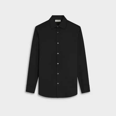 A long-sleeve black Bugatchi Julian Tonal Geometric Jacquard Shirt (style KS4001L3S) with a pointed collar, displayed flat on a plain light background. This wrinkle-resistant men’s shirt from Bugatchi features a modern geometric print and offers effortless maintenance.