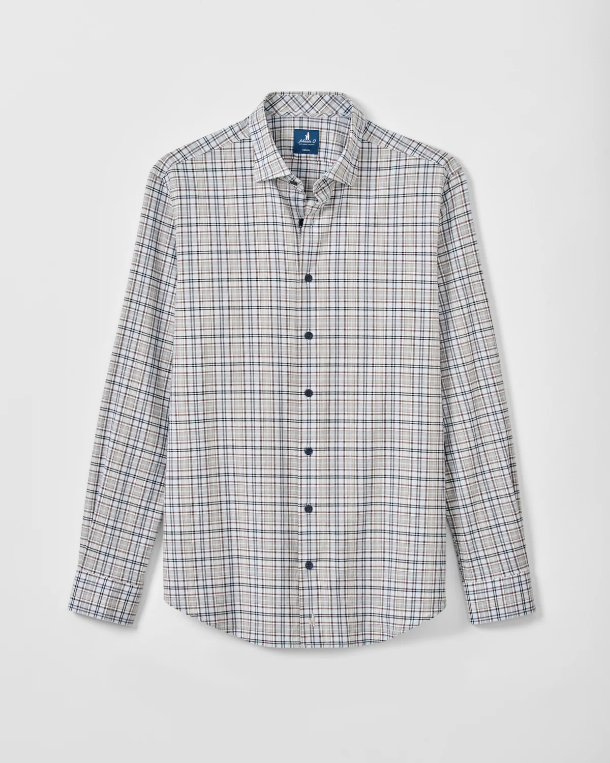 A classic men’s flannel shirt, the Johnnie-O Tahoe Plaid Flannel Shirt Big & Tall features a white base with a blue and red plaid pattern and long sleeves, shown against a plain white background. This timeless style is crafted by Johnnie-O.