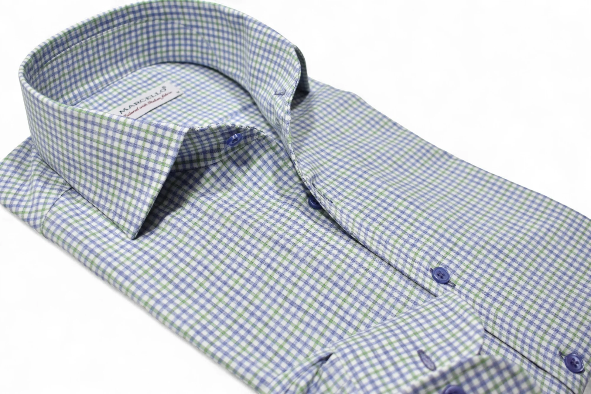 The Marcello OP Plum/Green Plaid Sport Shirt DS122 features a green and blue plaid pattern, purple buttons, soft cotton fabric, a one-piece collar, and visible label.