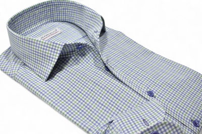 The Marcello OP Plum/Green Plaid Sport Shirt DS122 features a green and blue plaid pattern, purple buttons, soft cotton fabric, a one-piece collar, and visible label.