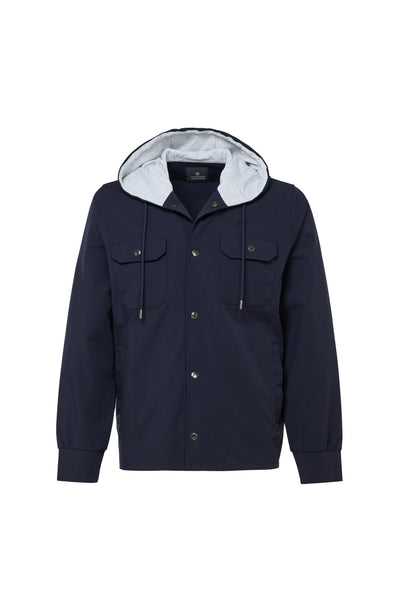 The Luchiano Visconti Visconti Hooded Jacket FUTS0P53 is a navy blue water-repellent jacket featuring front buttons, two chest pockets, and a stylish light gray drawstring hood for extra protection.