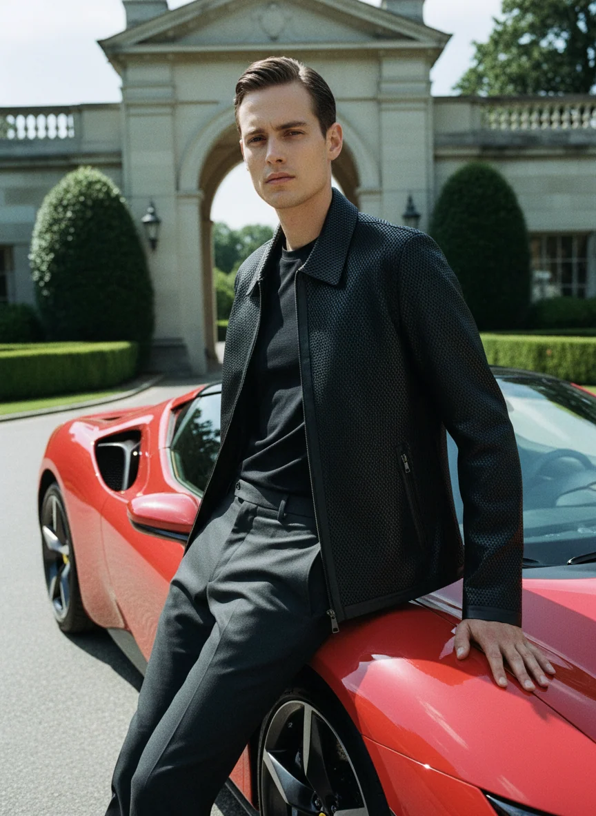 A man in a Marcello Python Stamped Nappa Leather Jacket J232 and black python-embossed trousers leans against a red sports car.