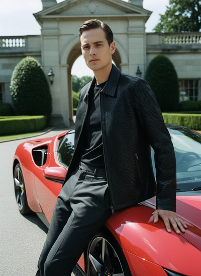 A man in a Marcello Python Stamped Nappa Leather Jacket J232 and black python-embossed trousers leans against a red sports car.