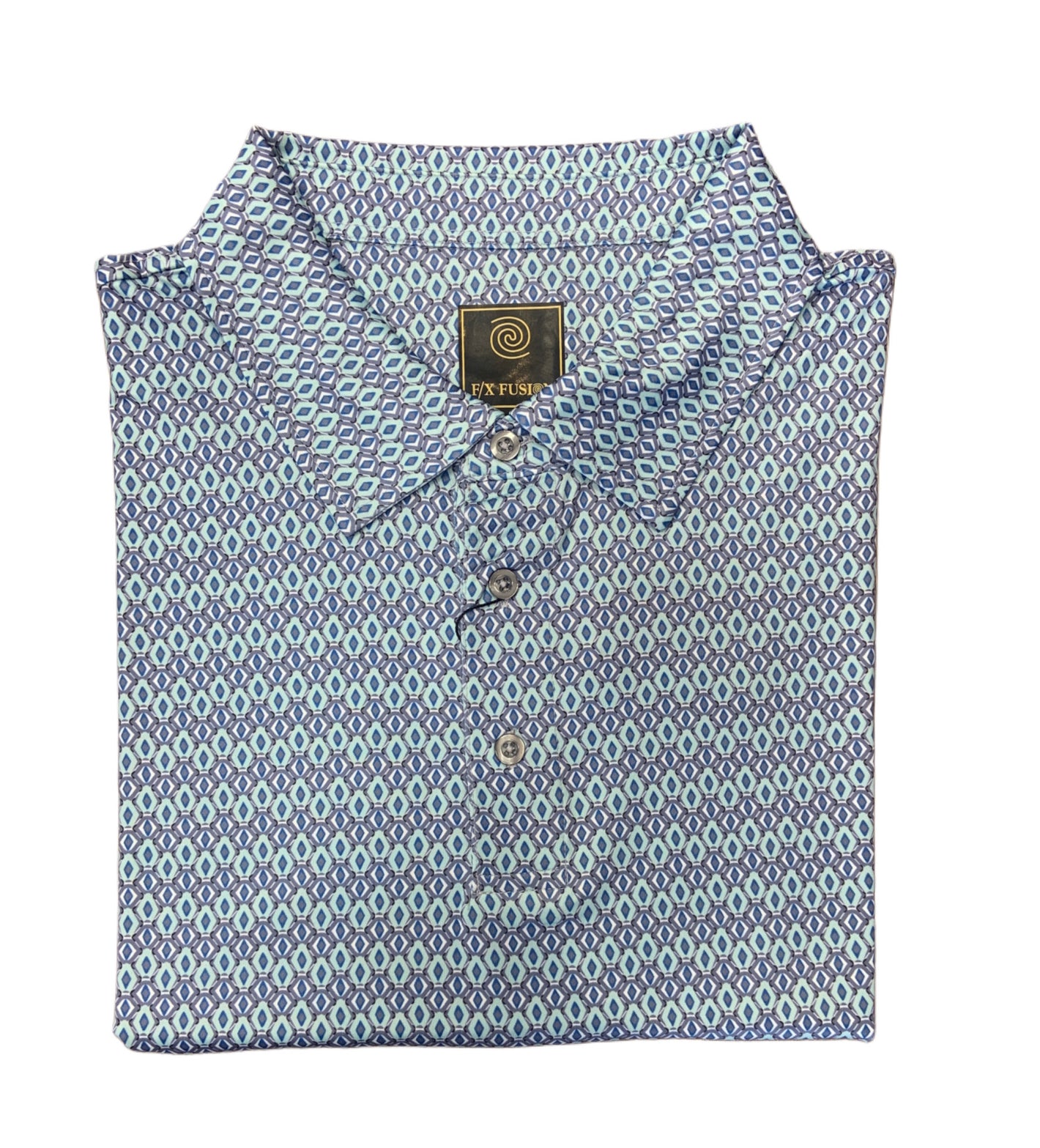 The F/X Fusion Big & Tall Men's Polo Geo 2303 is a short-sleeve button-up with a blue and white geometric pattern, breathable polo fabric, and visible F/X Fusion branding inside the collar for all-day comfort.