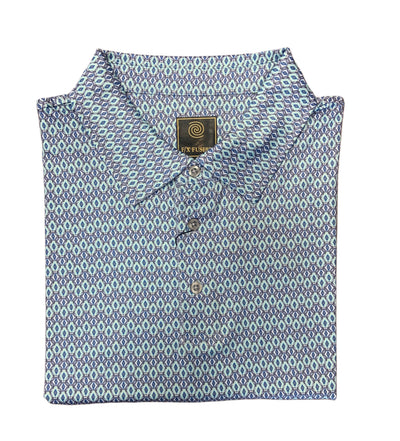 The F/X Fusion Big & Tall Men's Polo Geo 2303 is a short-sleeve button-up with a blue and white geometric pattern, breathable polo fabric, and visible F/X Fusion branding inside the collar for all-day comfort.