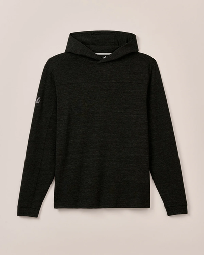 The Johnnie-O Remmy Big & Tall Hoodie by Johnnie-O, featuring long sleeves and black french terry fabric, is displayed flat on a plain beige background.
