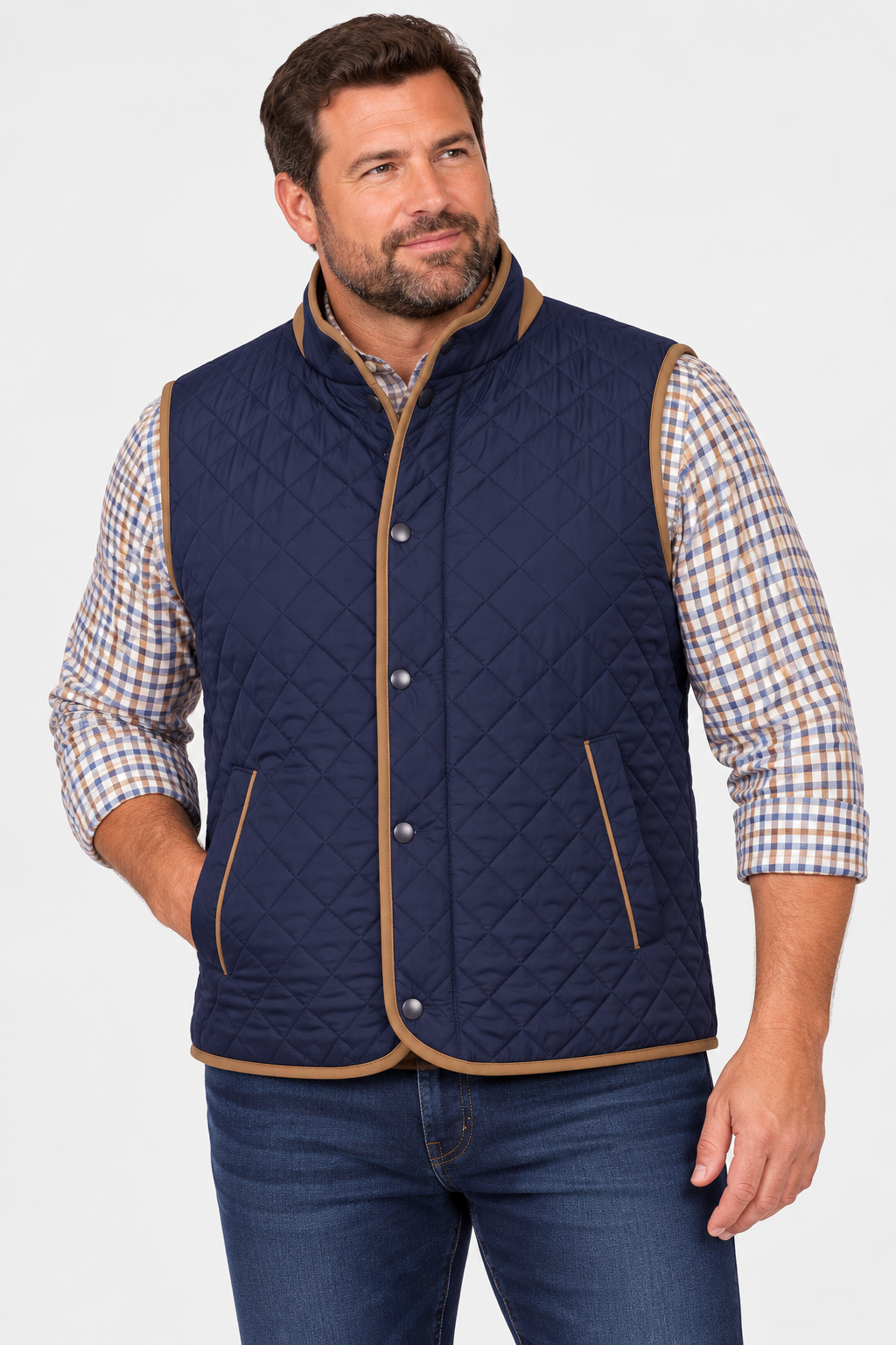 A man wears the F/X Fusion Upland Quilted Vest Big & Tall 13009, featuring tan trim, layered over a plaid shirt and blue jeans against a plain light background—a perfect transitional weather look from F/X Fusion.