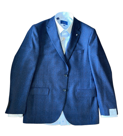 The Jack Victor Plaid Sport Coat 1252106 features blue and black plaid Italian wool with notch lapels, styled over a white dress shirt with a subtle dot pattern, shown against a white background.