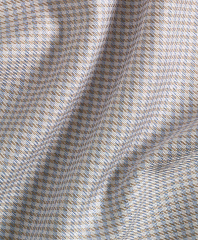 Close-up of David Donahue Twill Check TBSP10800 fabric, featuring a small blue and beige check pattern—ideal for a refined David Donahue dress shirt with a spread collar or barrel cuff.