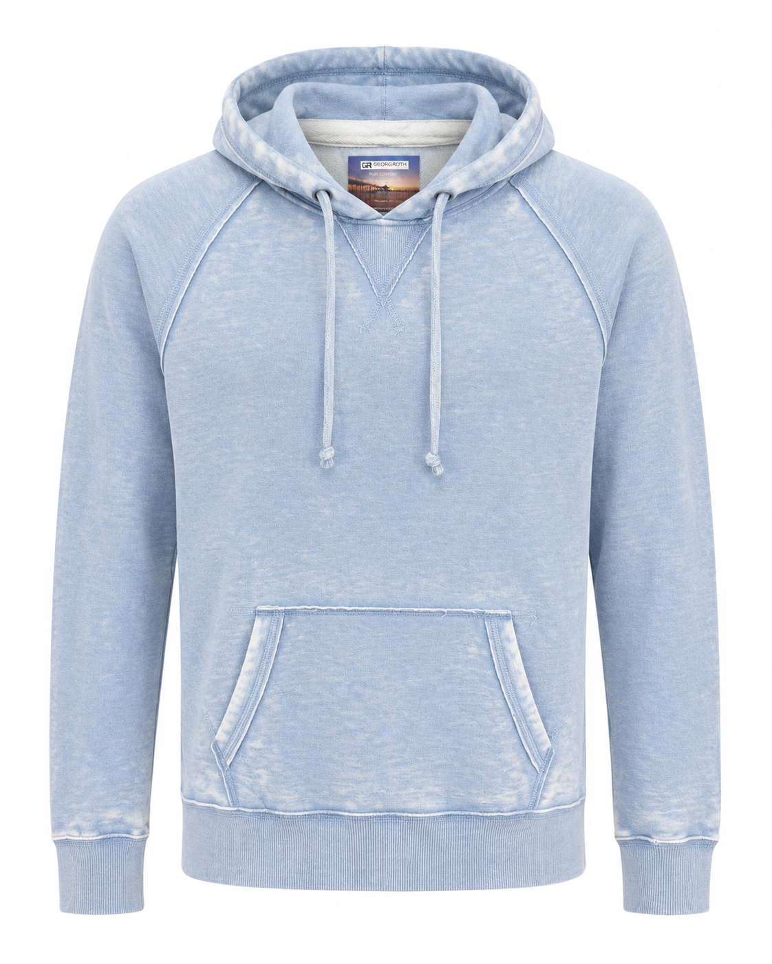 Georg Roth Malibu Hoodie PHW by Georg Roth in light blue, featuring drawstrings, raglan sleeves, and a front kangaroo pocket, displayed against a white background.