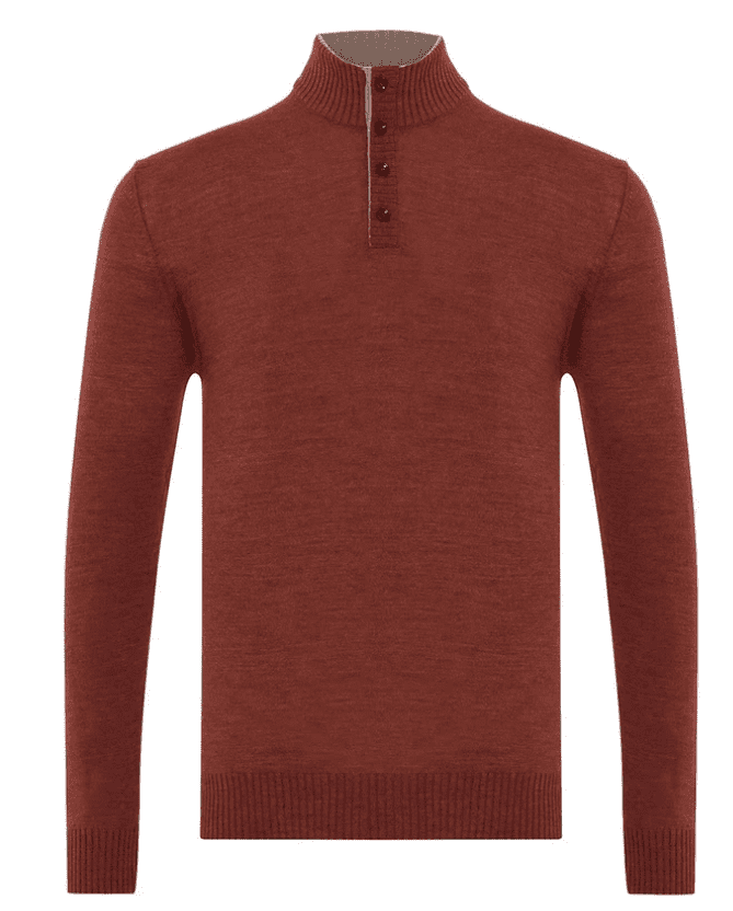 The Garnet Sweater 24220 by Garnet is a men's rust pullover with long sleeves, a ribbed high collar, and a four-button front placket for classic style.