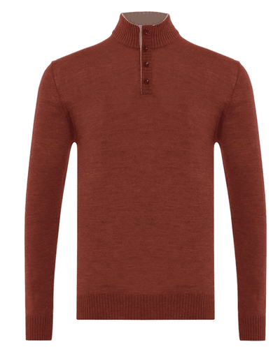 The Garnet Sweater 24220 by Garnet is a men's rust pullover with long sleeves, a ribbed high collar, and a four-button front placket for classic style.