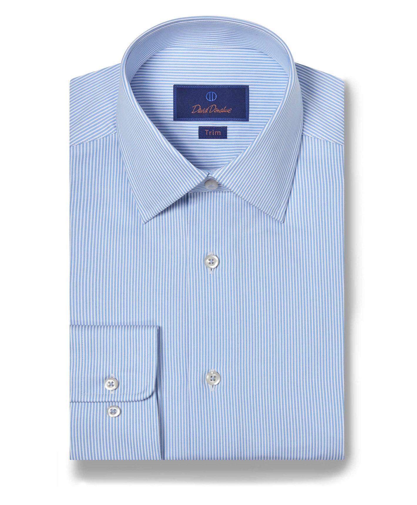 The David Donahue Fine Stripe Dress Shirt TBSP09950135 features thin white vertical stripes on light blue, buttoned cuffs, and a classic Trim Fit for a tailored look.