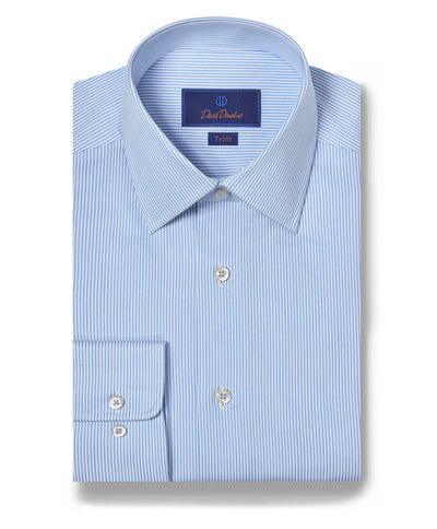 The David Donahue Fine Stripe Dress Shirt TBSP09950135 features thin white vertical stripes on light blue, buttoned cuffs, and a classic Trim Fit for a tailored look.