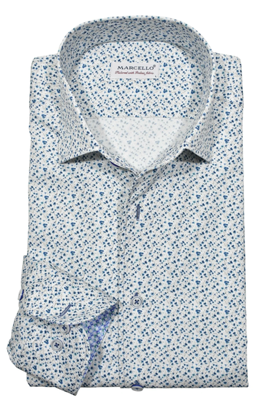 The Marcello Sport Shirt Pacer Floral W-021R is a folded men's long-sleeve cotton shirt with a small blue floral pattern on white and a refined Marcello label inside the one-piece collar for an elegant touch.