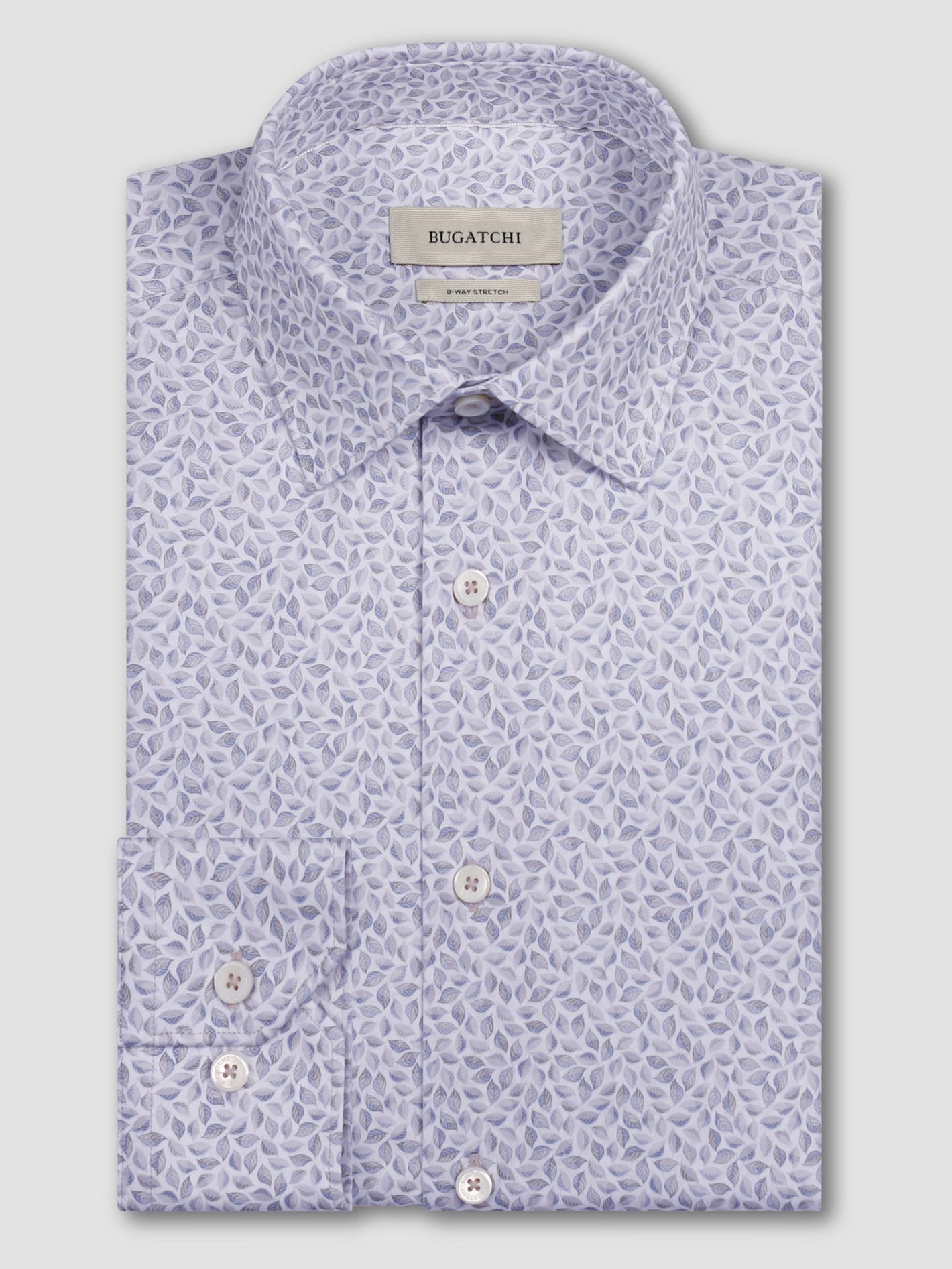 The Bugatchi OP James OoohCotton® Leaf Print Shirt JF9212K60 features a light purple and white leaf pattern, long sleeves, button cuffs, and a classic collar—combining wrinkle resistance with stylish comfort.