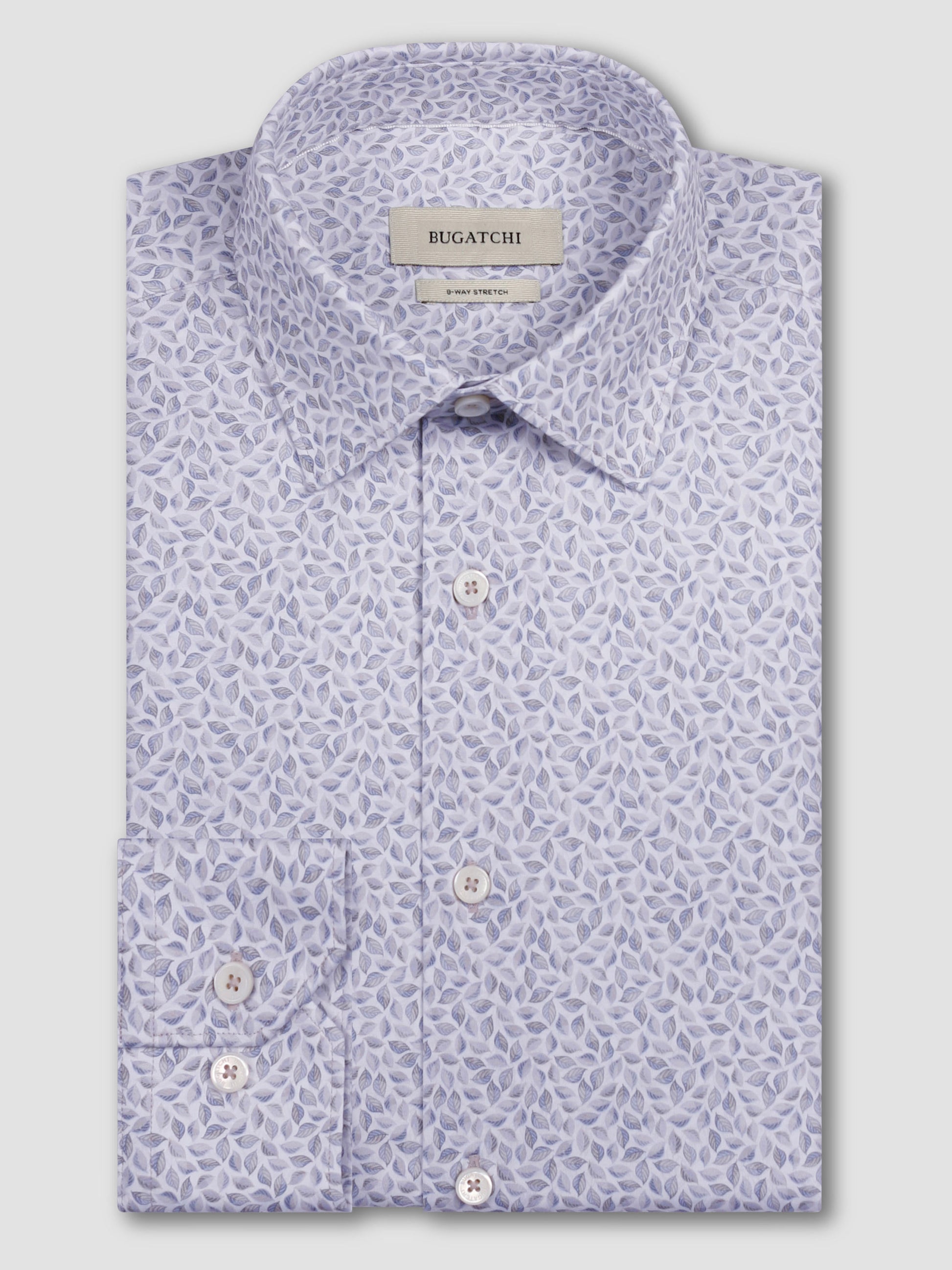 The Bugatchi OP James OoohCotton® Leaf Print Shirt JF9212K60 features a light purple and white leaf pattern, long sleeves, button cuffs, and a classic collar—combining wrinkle resistance with stylish comfort.