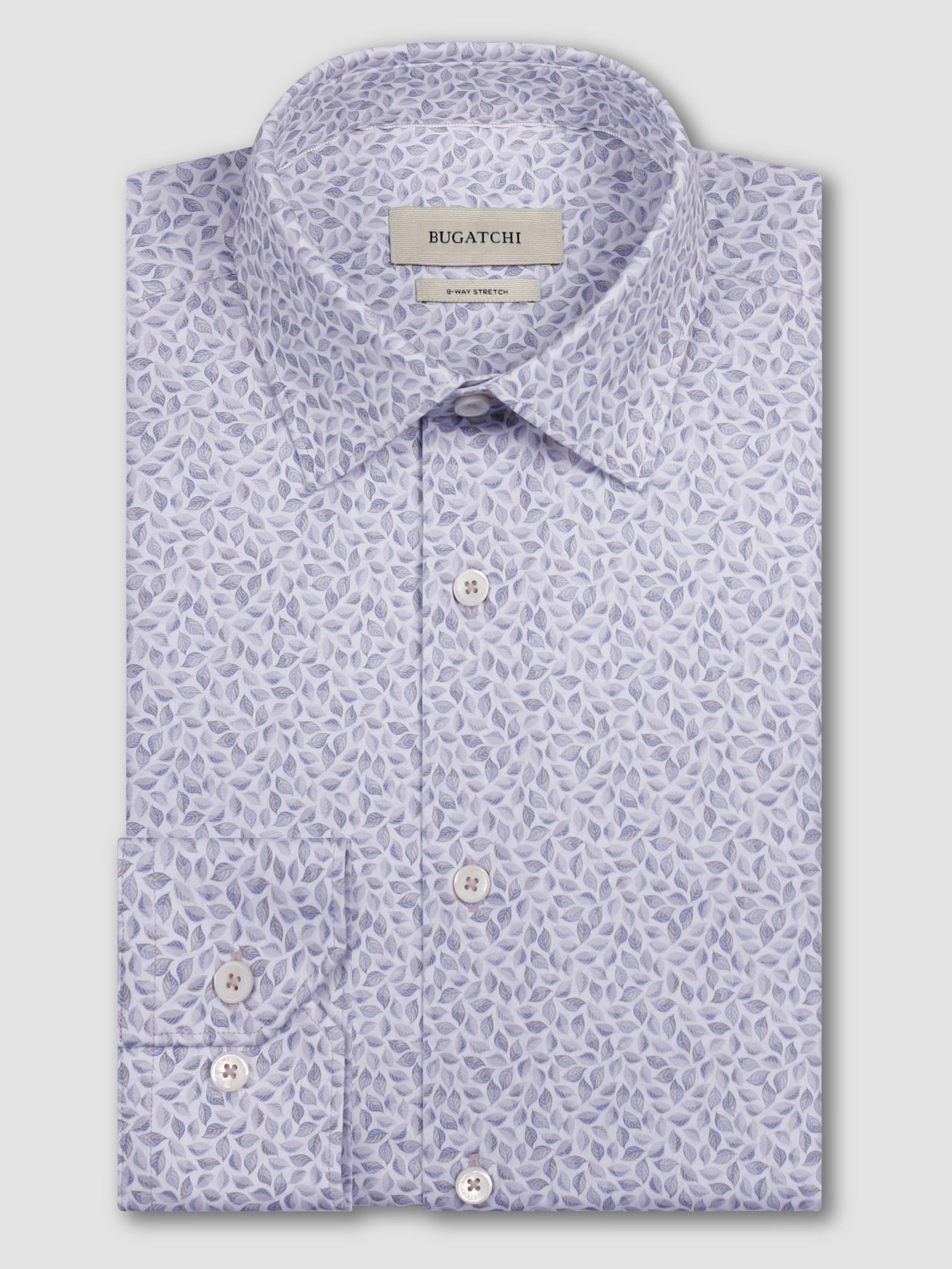 The Bugatchi OP James OoohCotton® Leaf Print Shirt JF9212K60 features a light purple and white leaf pattern, long sleeves, button cuffs, and a classic collar—combining wrinkle resistance with stylish comfort.