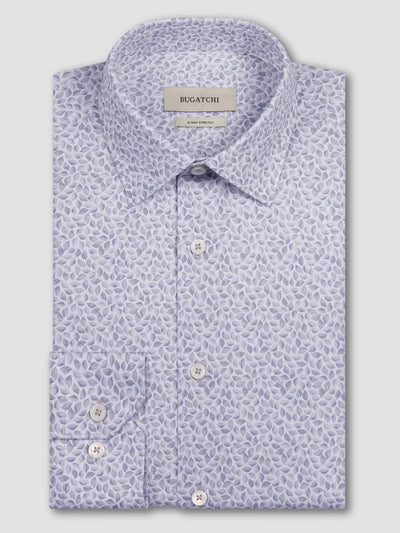 The Bugatchi OP James OoohCotton® Leaf Print Shirt JF9212K60 features a light purple and white leaf pattern, long sleeves, button cuffs, and a classic collar—combining wrinkle resistance with stylish comfort.