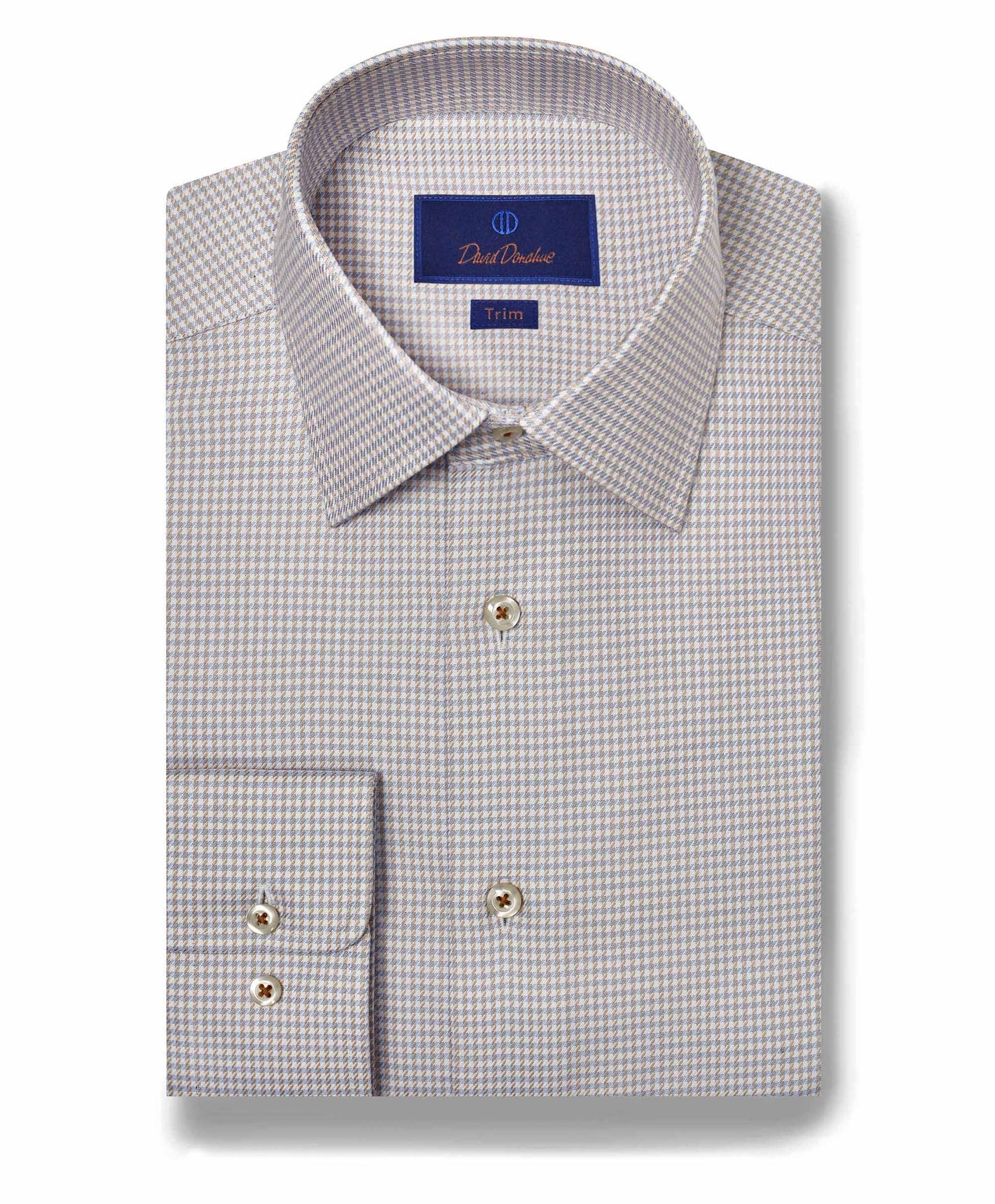 The David Donahue Twill Check TBSP10800 is a long-sleeve US Pima cotton dress shirt in light gray and white micro houndstooth, featuring a spread collar, barrel cuffs, and beige buttons by David Donahue.