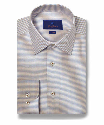 The David Donahue Twill Check TBSP10800 is a long-sleeve US Pima cotton dress shirt in light gray and white micro houndstooth, featuring a spread collar, barrel cuffs, and beige buttons by David Donahue.