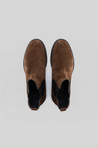 The Robert Barakett Murphey Chelsea Boot by Robert Barakett features brown Italian suede, black elastic side panels, and a memory foam-cushioned footbed for comfort—all shown from above on a plain light gray background.