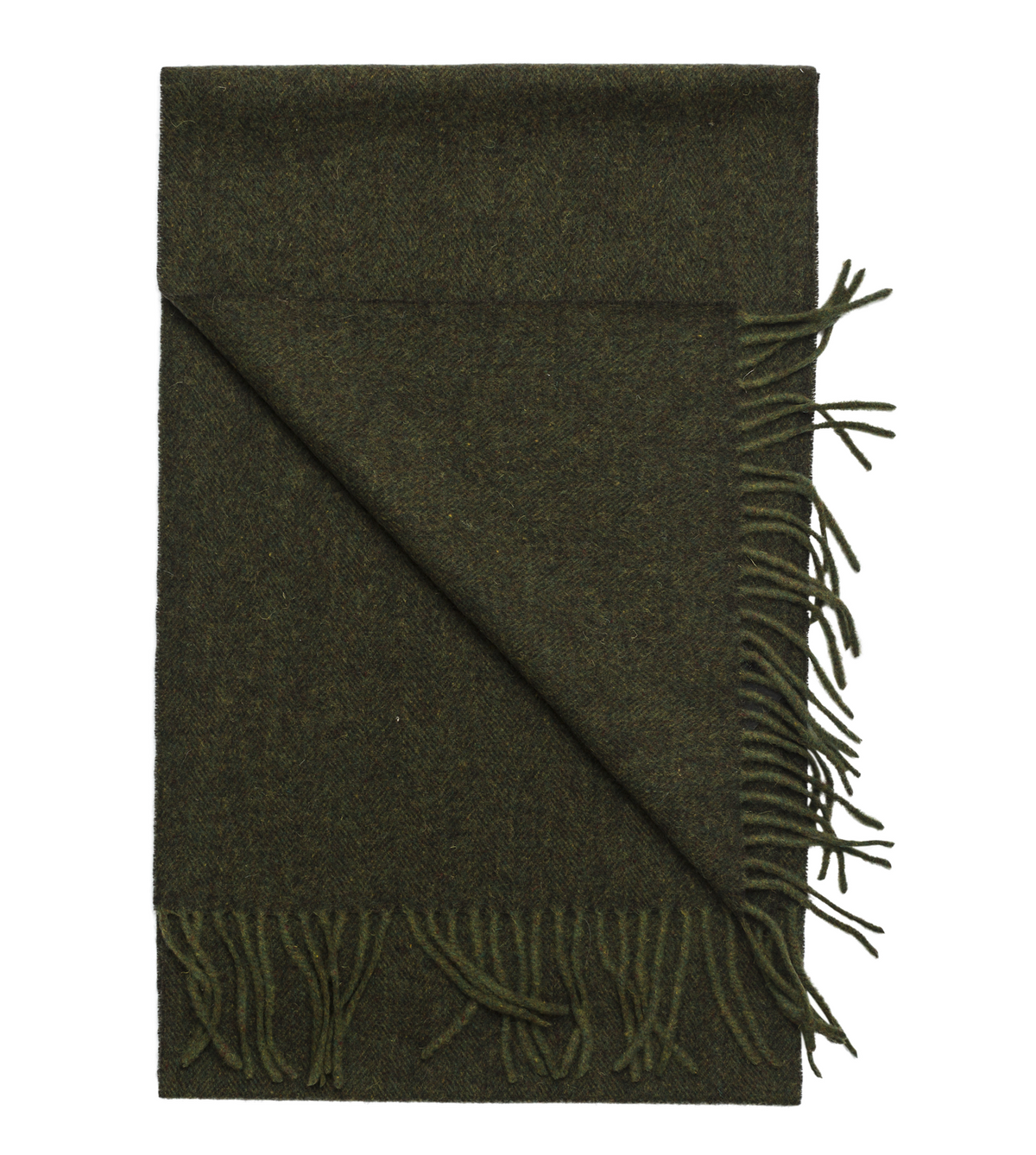 Olive green Amanda Christensen Men’s Wool Melange Scarf 440016 with a folded corner, fringed ends, and a classic winter accessory style.