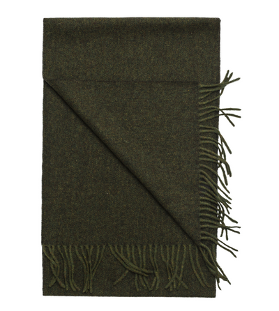 Olive green Amanda Christensen Men’s Wool Melange Scarf 440016 with a folded corner, fringed ends, and a classic winter accessory style.