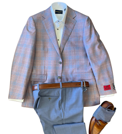 A Byron Contemporary Sport Coat 6674A in light blue and pink plaid, by Byron, is styled with a white dress shirt, blue trousers, brown belt and shoes, plus striped socks—all displayed on a white background for a modern look.