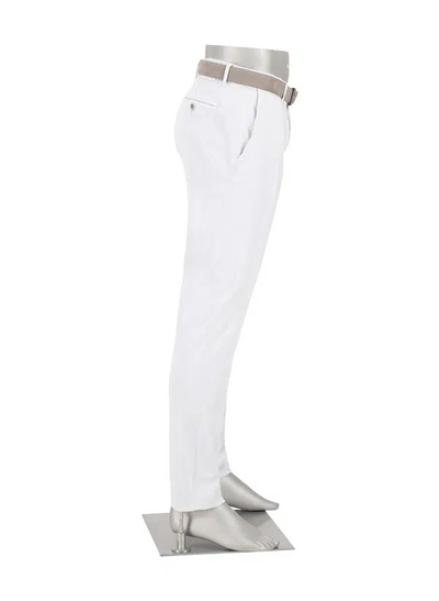Side view of Alberto Pipe 1582 Color Denim Big & Tall trousers by Alberto, displayed on a silver mannequin with a beige belt.